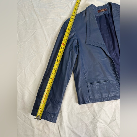 90s Slate Blue Genuine Leather Blazer | Vintage Deep Navy Power Jacket Size 8 - Picture 11 of 11